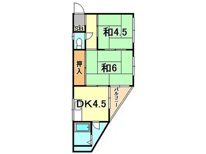 神戸市西神・山手線 大倉山駅(兵庫) 徒歩7分 5階建 築52年(2DK/4階)の間取り写真