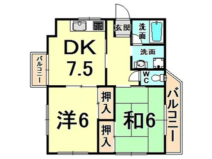 阪急伊丹線 新伊丹駅 徒歩7分 3階建 築39年(2DK/3階)の間取り写真