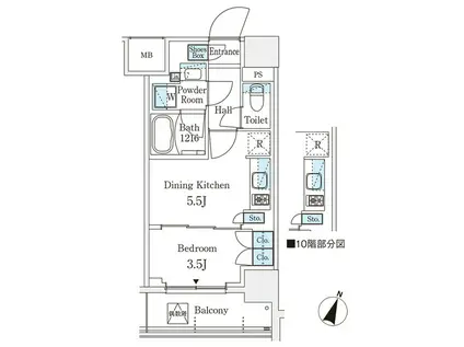 パークアクシス横浜阪東橋(1DK/10階)の間取り写真