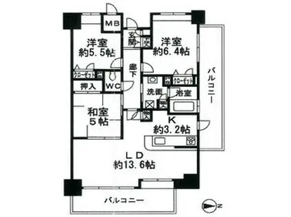 オーセントスクエア弥生(3LDK/7階)の間取り写真