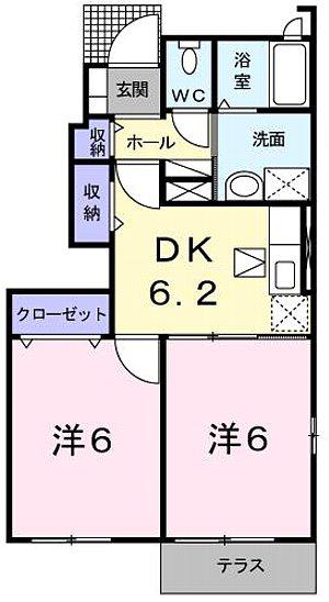 ソレアードKⅢ A(2DK/1階)の間取り写真