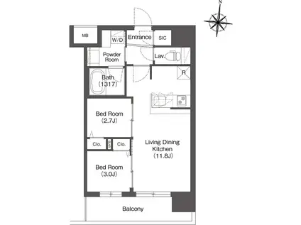 コンフォリア・リヴ新大阪西宮原ソルテラス(2LDK/12階)の間取り写真