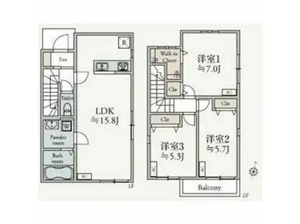 東武伊勢崎・大師線 新越谷駅 徒歩15分 2階建 築1年(3LDK)の間取り写真