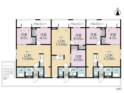 GRAND REVE E棟(2LDK/3階)の間取り写真