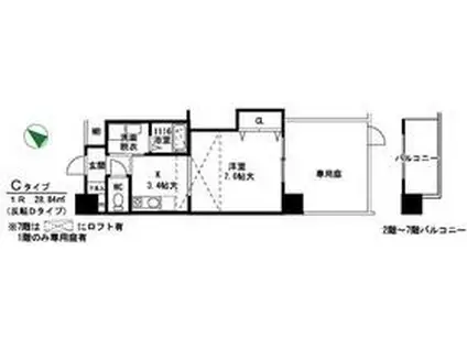 サウス アルカディア(1K/2階)の間取り写真