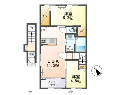 ひたちなか市足崎字原 アパートⅡ期(2LDK/2階)の間取り写真