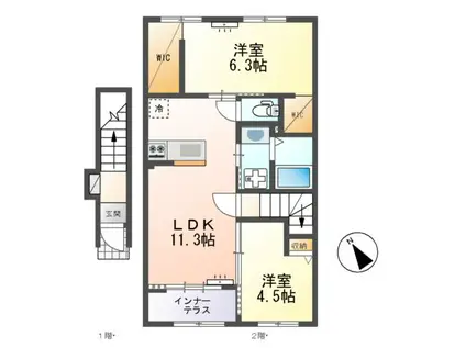 ひたちなか市足崎字原 アパートⅡ期(2LDK/2階)の間取り写真