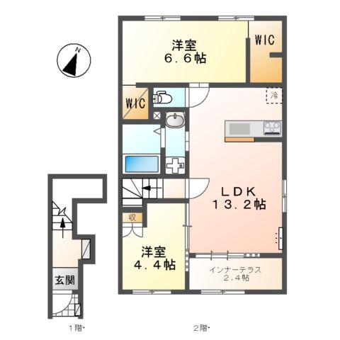 守山区笹ヶ根2丁目アパート(2LDK/2階)の間取り写真
