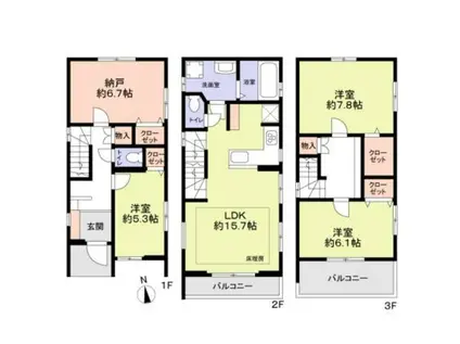 名古屋市東山線 藤が丘駅(愛知) 徒歩15分 3階建 築6年(3SLDK)の間取り写真