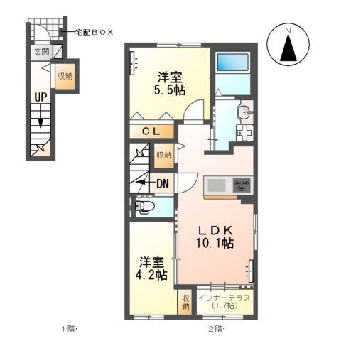 犬山市裏之門アパート(2LDK/2階)の間取り写真