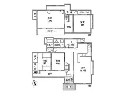 名鉄三河線 豊田市駅 バス乗車時間：21分 五ケ丘ニュータウンバス停で下車 徒歩2分 2階建 築39年(4SLDK)の間取り写真