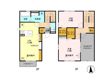 グランオッツⅤ B(2LDK/2階)の間取り写真