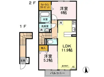 ラフィーネ・デュオⅡ A棟(2LDK/2階)の間取り写真