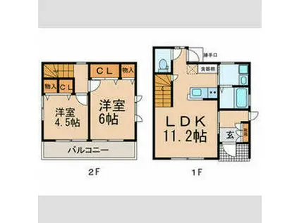 東京都大江戸線 練馬春日町駅 徒歩4分 2階建 築56年(2LDK)の間取り写真