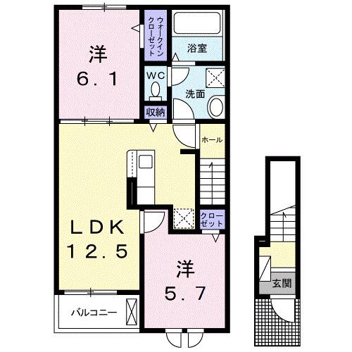 ボヌール花中館 Ⅱ(2LDK/2階)の間取り写真