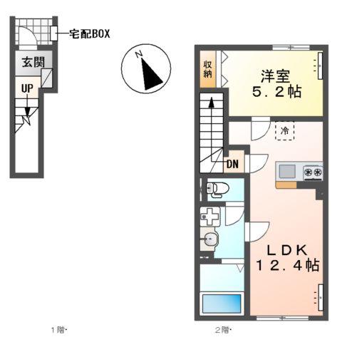牛久市田宮町アパート(1LDK/2階)の間取り写真