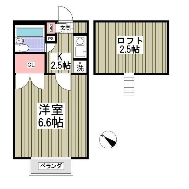 ヤングヒルズ越谷Ⅱ(1K/2階)の間取り写真