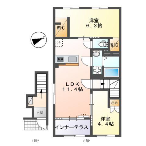 宮前区平4丁目アパート(2LDK/2階)の間取り写真