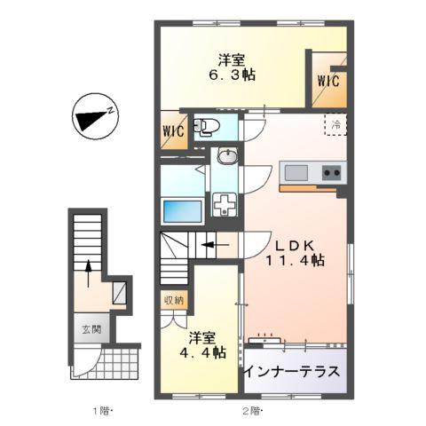 宮前区平4丁目アパート(2LDK/2階)の間取り写真