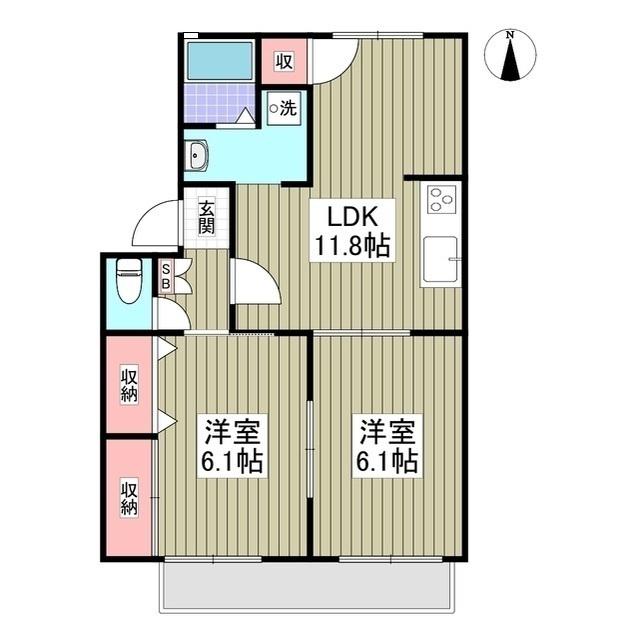 マロンハイツⅡC(2LDK/2階)の間取り写真