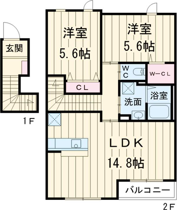 ラ・ルクシュールⅠ(2LDK/2階)の間取り写真