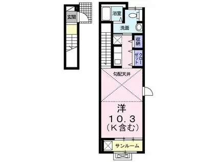 グリュックⅠ(ワンルーム/2階)の間取り写真