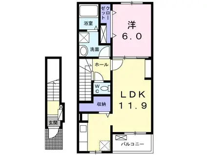 プリムヴェール3(1LDK/2階)の間取り写真