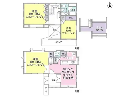 西武鉄道多摩川線 新小金井駅 徒歩10分 3階建 築36年(3LDK)の間取り写真