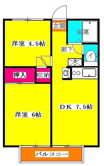ポエムⅠ(2DK/2階)の間取り写真