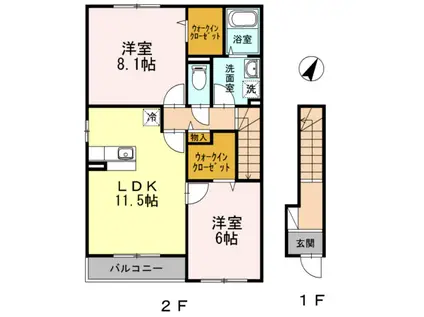 ヴィラボナール Ⅰ(2LDK/2階)の間取り写真