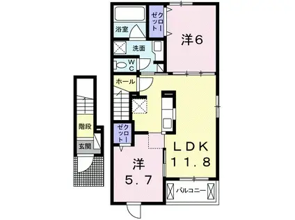 エーデルハイム東松山 B棟(2LDK/2階)の間取り写真