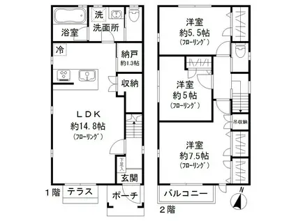 東急田園都市線 駒沢大学駅 徒歩15分 2階建 築9年(3SLDK)の間取り写真