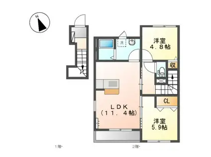ROSE TIARA(2LDK/2階)の間取り写真
