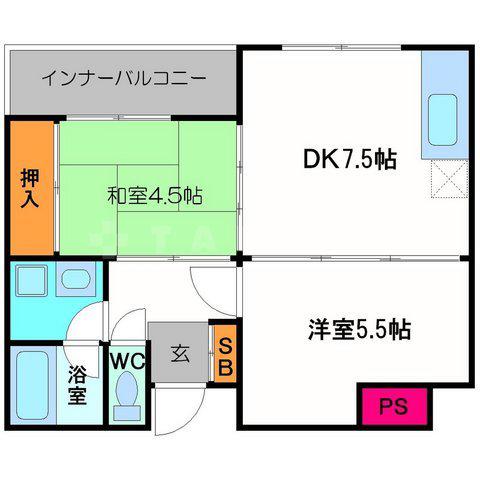 エアロプレーンⅠ(2DK/2階)の間取り写真