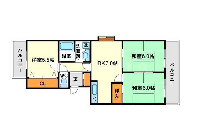 フォルク北千里K棟(3DK/1階)の間取り写真