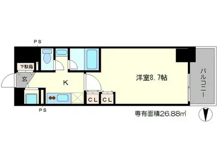 コンフォリア北浜(1K/14階)の間取り写真