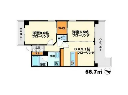 シャンテミキ(2DK/9階)の間取り写真