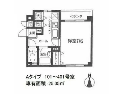 メリディアン八王子Ⅱ(1K/4階)の間取り写真