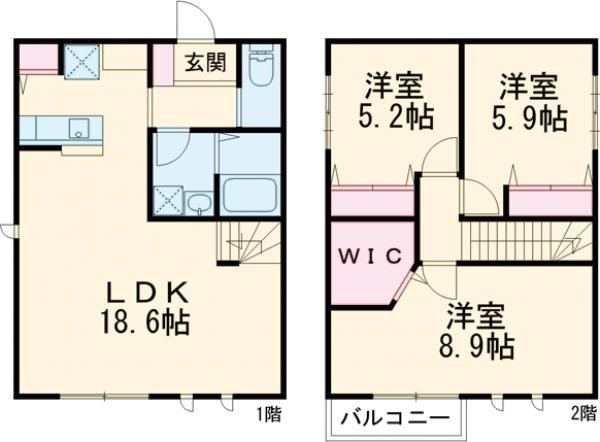 多摩モノレール 程久保駅 徒歩8分 2階建 築3年(3LDK)の間取り写真