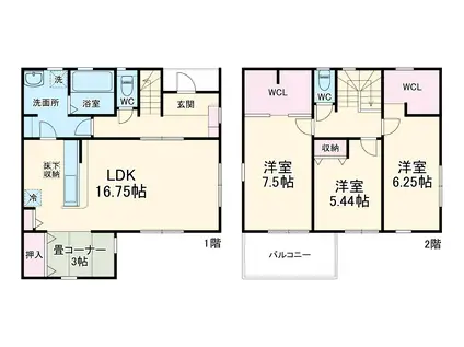名古屋市東山線 星ケ丘駅(愛知) 徒歩25分 2階建 築4年(3SLDK)の間取り写真