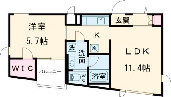 グランデュオ若林Ⅴ(1K/1階)の間取り写真
