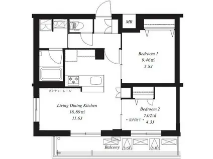 フレンシア下井草(2LDK/3階)の間取り写真