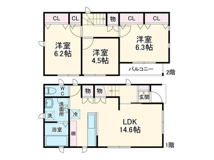 高崎線 北本駅 徒歩15分 1階建 築2年(3LDK)の間取り写真