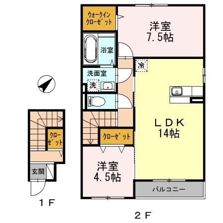 アパート ロイヤルタウンKG C棟(2LDK/2階)の間取り写真
