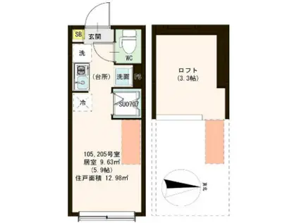 CELESTE BLEU(ワンルーム/2階)の間取り写真