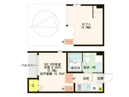 ハーモニーテラス花川Ⅱ(1K/2階)の間取り写真