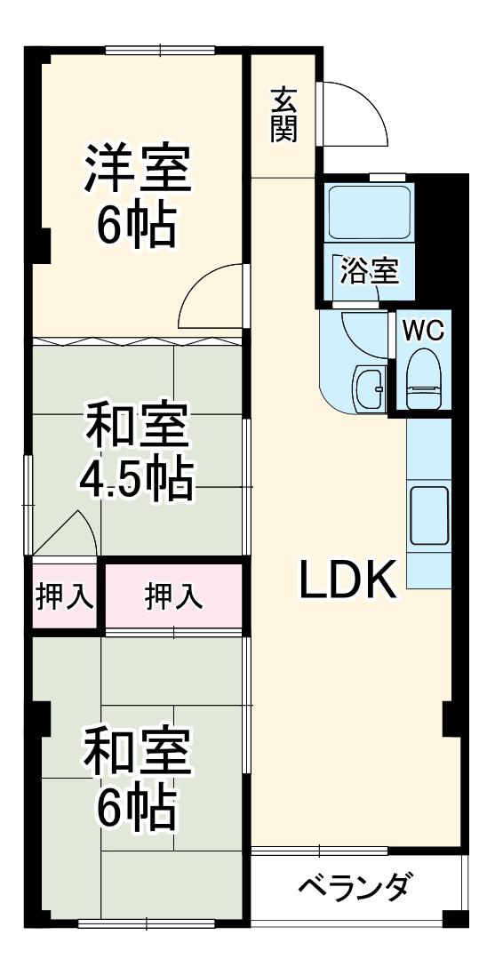 猪子石第3コーポラス(3LDK/5階)の間取り写真