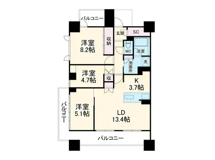 ル・シェモア浜松中央(3LDK/8階)の間取り写真