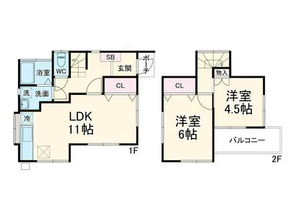 東武伊勢崎・大師線 北春日部駅 徒歩20分 2階建 築50年(2LDK)の間取り写真