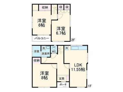 京急久里浜線 北久里浜駅 バス乗車時間：8分 大矢部三丁目バス停で下車 徒歩4分 2階建 築38年(3LDK)の間取り写真